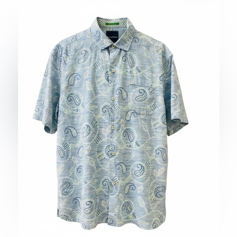 Tommy Bahama Silk Cotton Blue Paisley Short Sleeve Button-Down Shirt Size L
